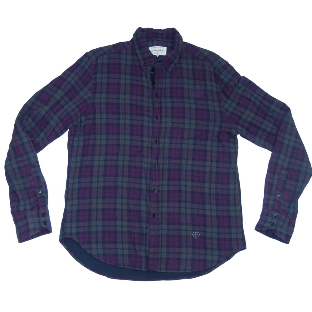 Rag & Bone Mens Purple Grey Plaid Flannel Button Down Shirt Tailored Workwear L